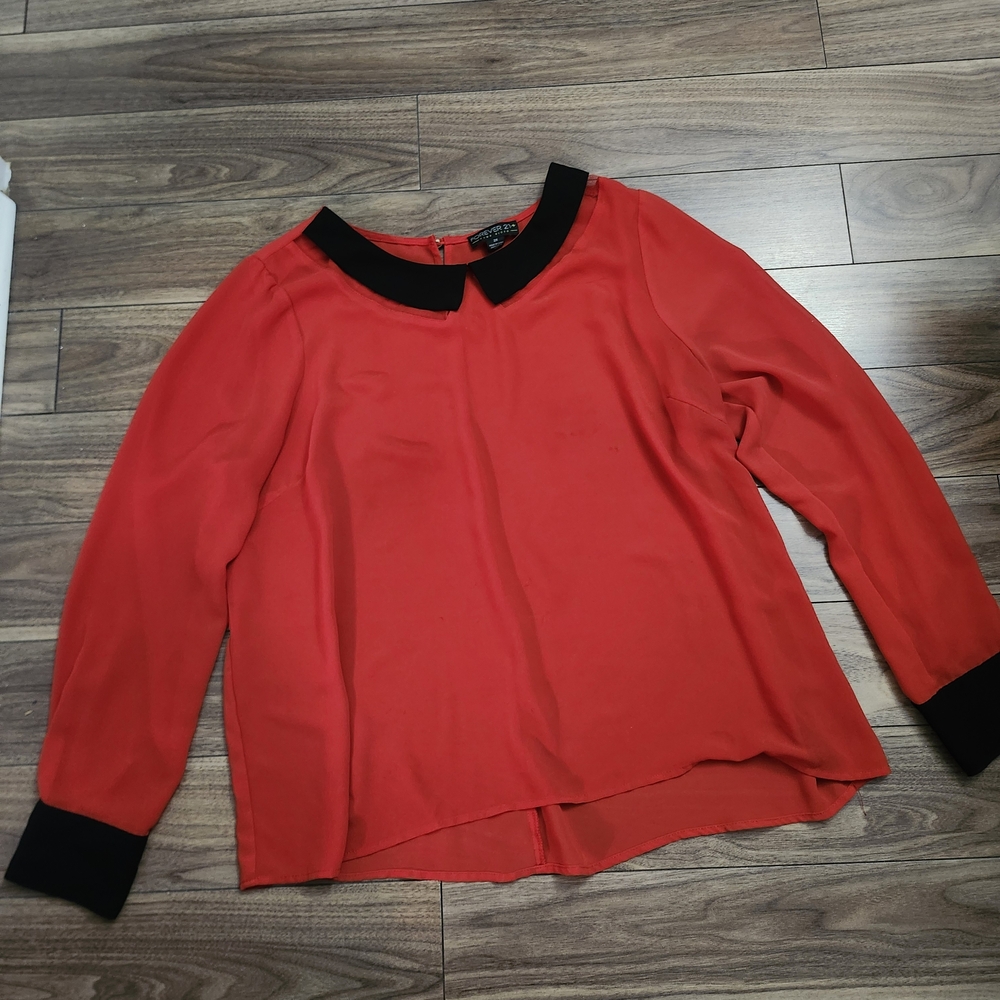🔥Sheer Blouse with Black Accents Gold Buttons Red
